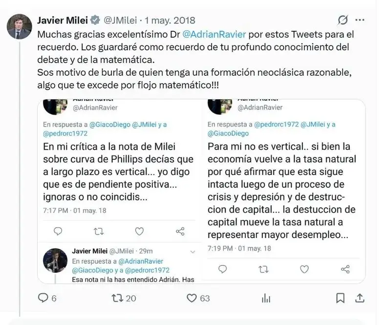 Captura de pantalla de publicaciones e intercambios de mensajes en la red social X entre dos cuentas.
