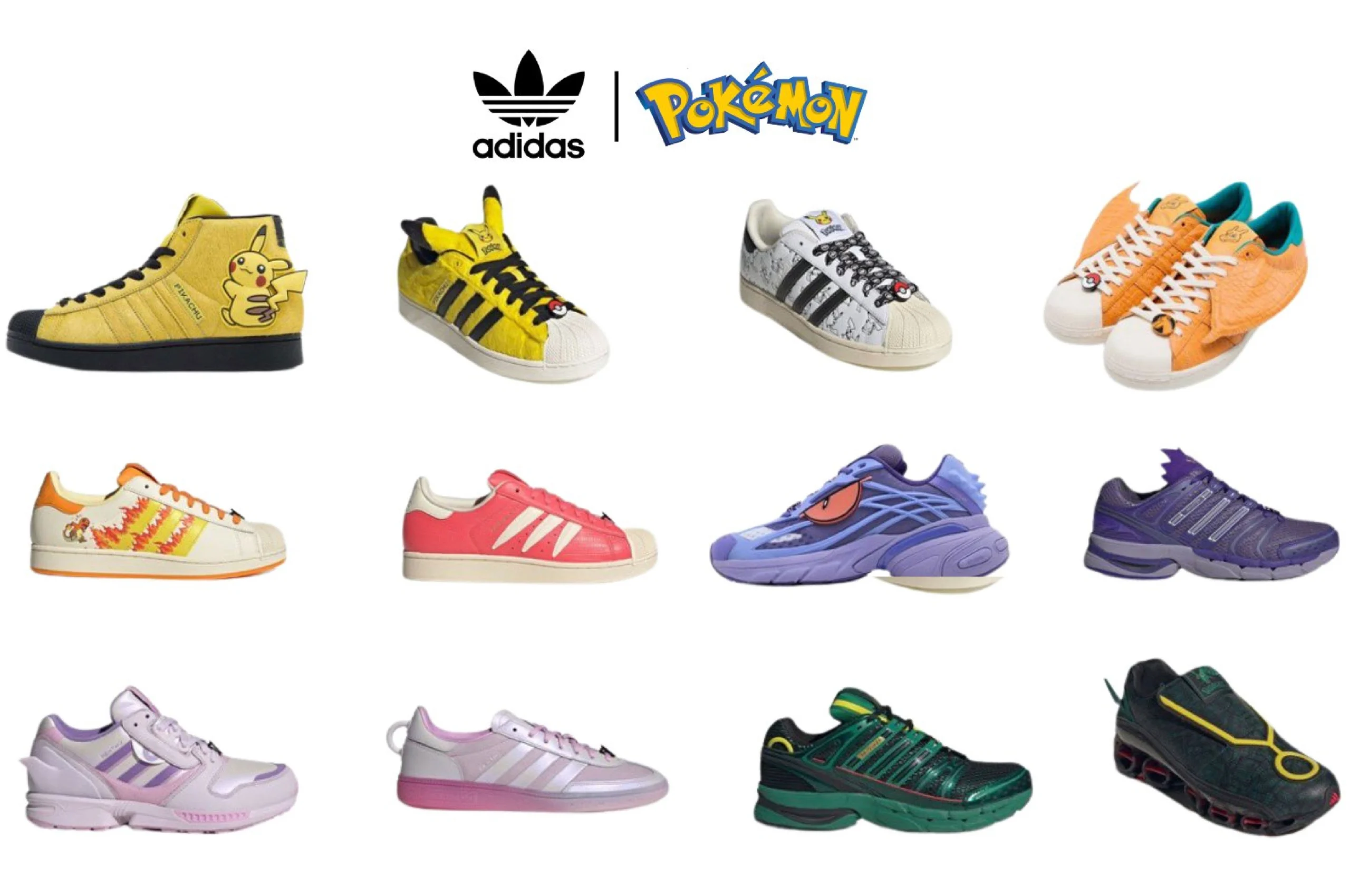 Catalogo de doce zapatillas tematicas inspiradas en personajes de Pokemon bajo los logos de Adidas y Pokemon.