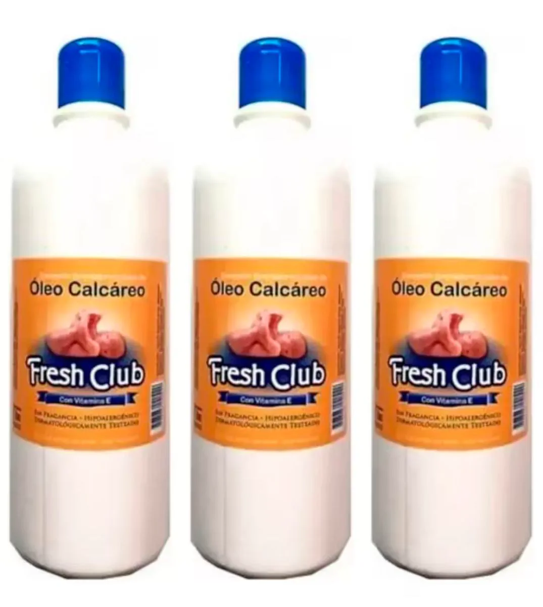 Tres botellas plásticas blancas de óleo calcáreo para bebés alineadas sobre fondo blanco.