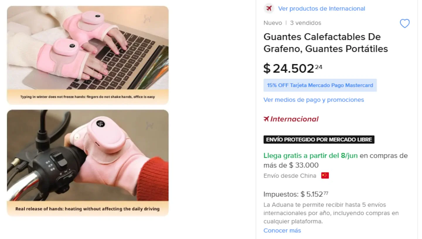 Publicación de venta online de guantes calefactables portátiles de color rosa con fotos de uso y precio.