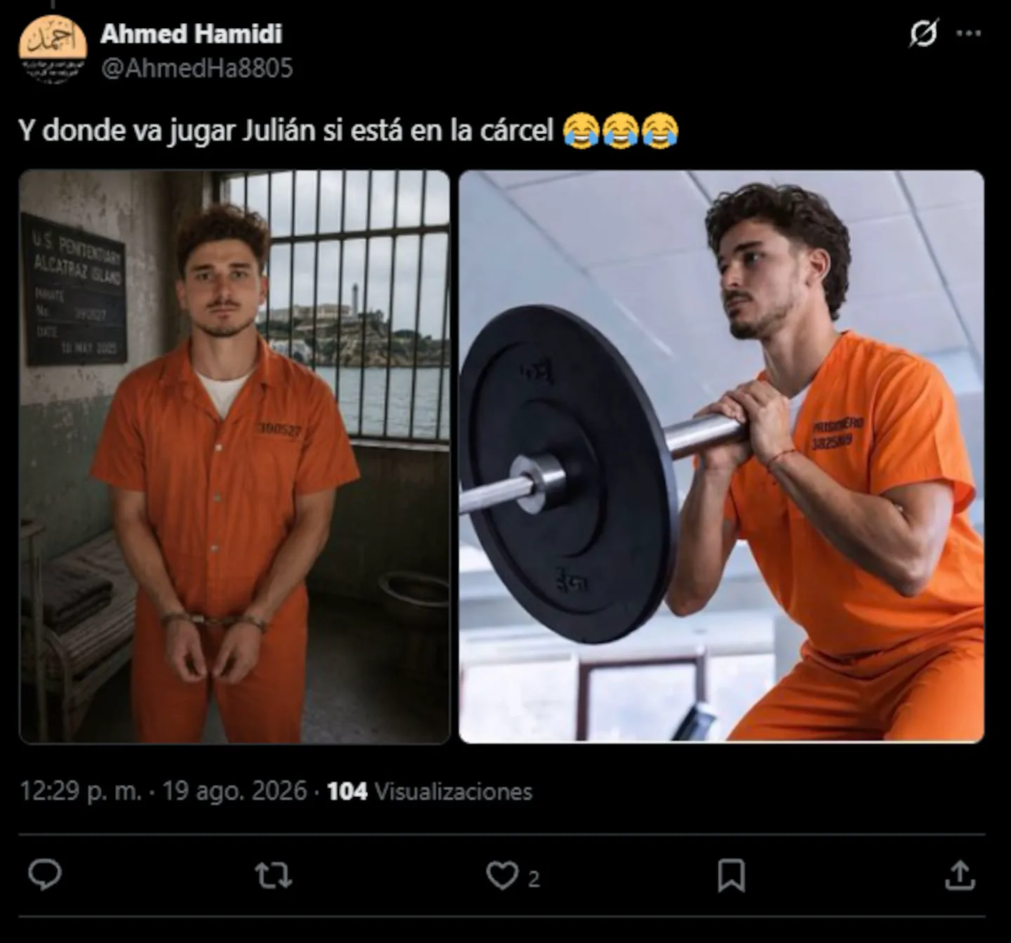 Un montaje fotográfico muestra al futbolista Julián Álvarez vestido con mameluco naranja de presidiario.