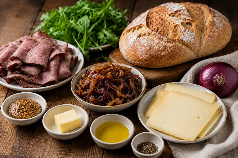 Sobre una mesa de madera se disponen un pan de campo, fetas de carne, cebolla caramelizada, queso, manteca, aceite y rúcula.