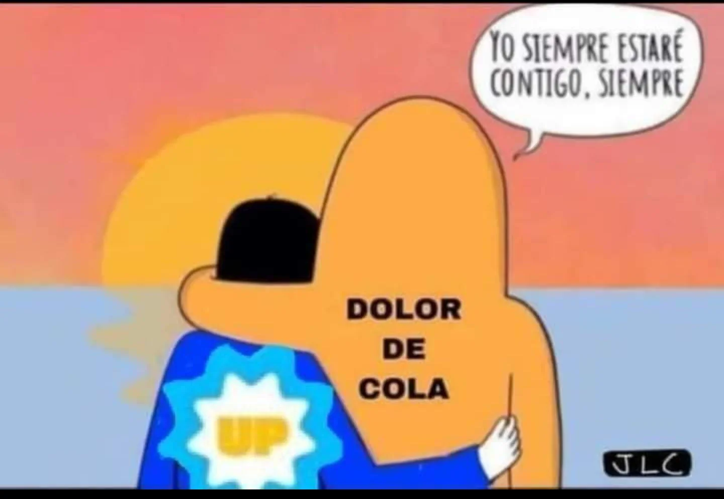 Ilustracion de una figura que abraza a otra con remera de Union por la Patria frente al atardecer en el mar.