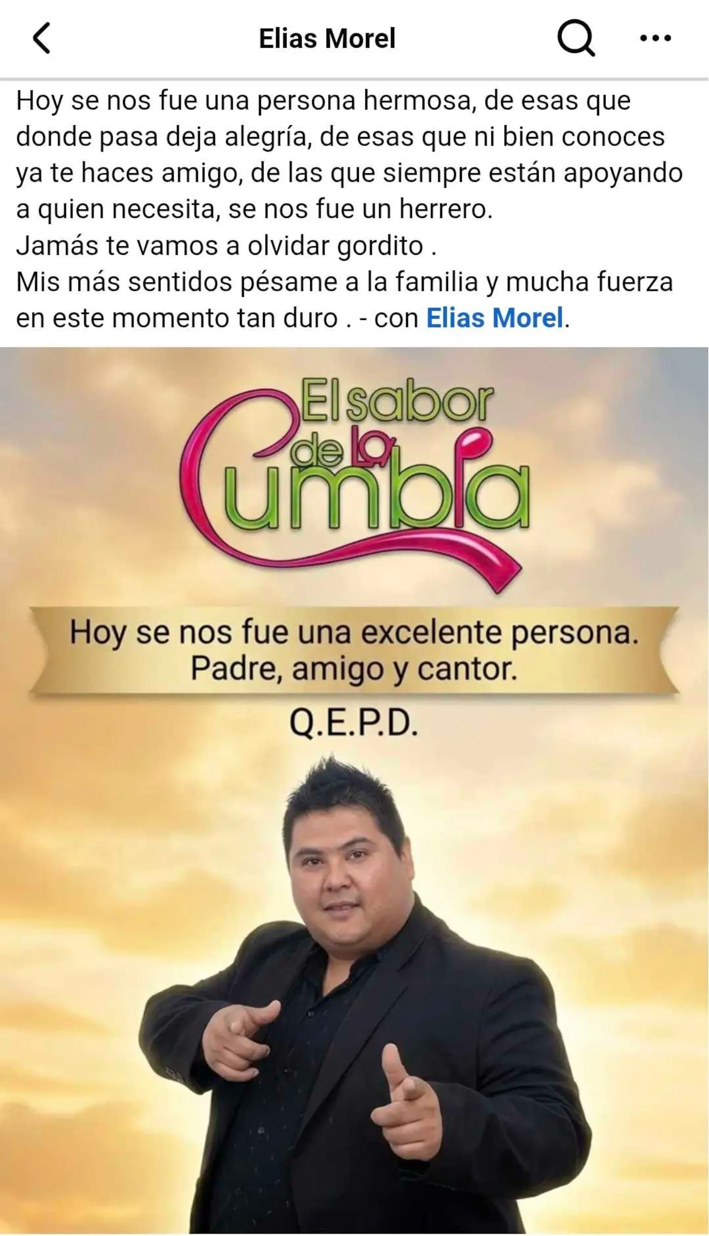 Una publicación de redes sociales con la foto de un cantante masculino y mensajes de despedida.