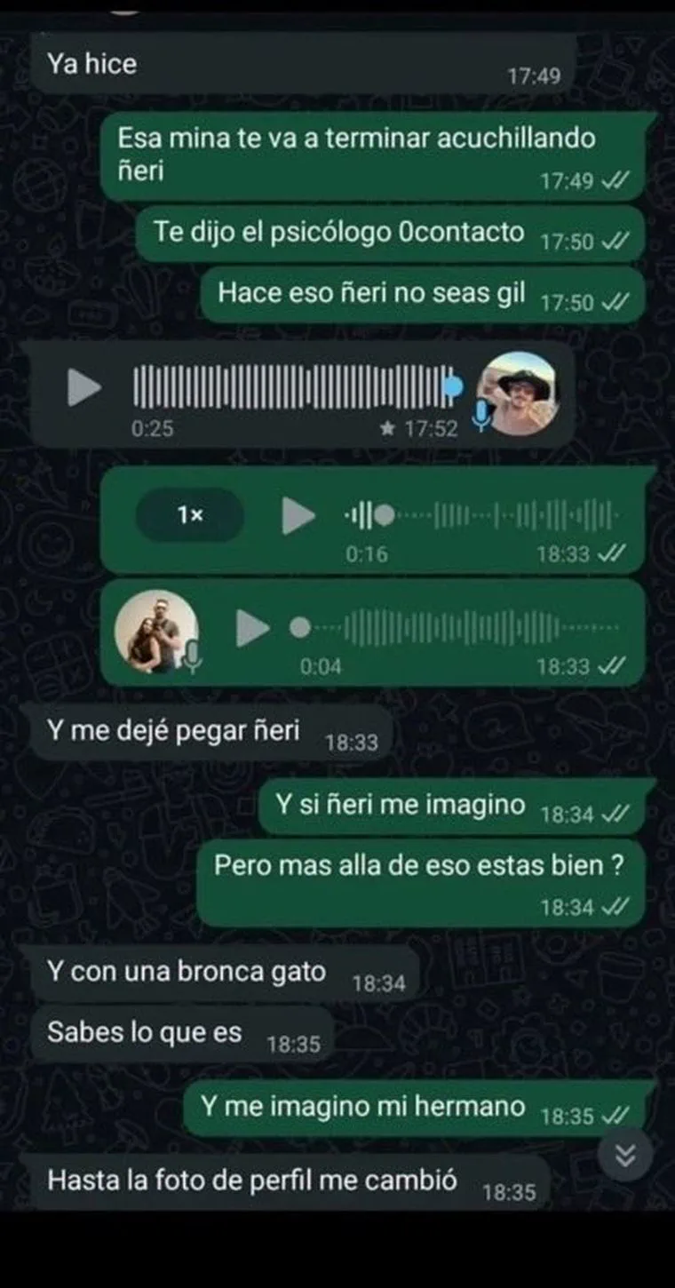 Captura de pantalla de una conversación de WhatsApp con mensajes de texto y audios en tono informal.