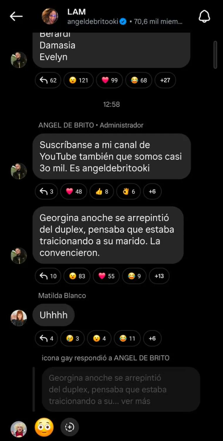 Captura de pantalla de un canal de difusión en Instagram con mensajes de texto y reacciones.