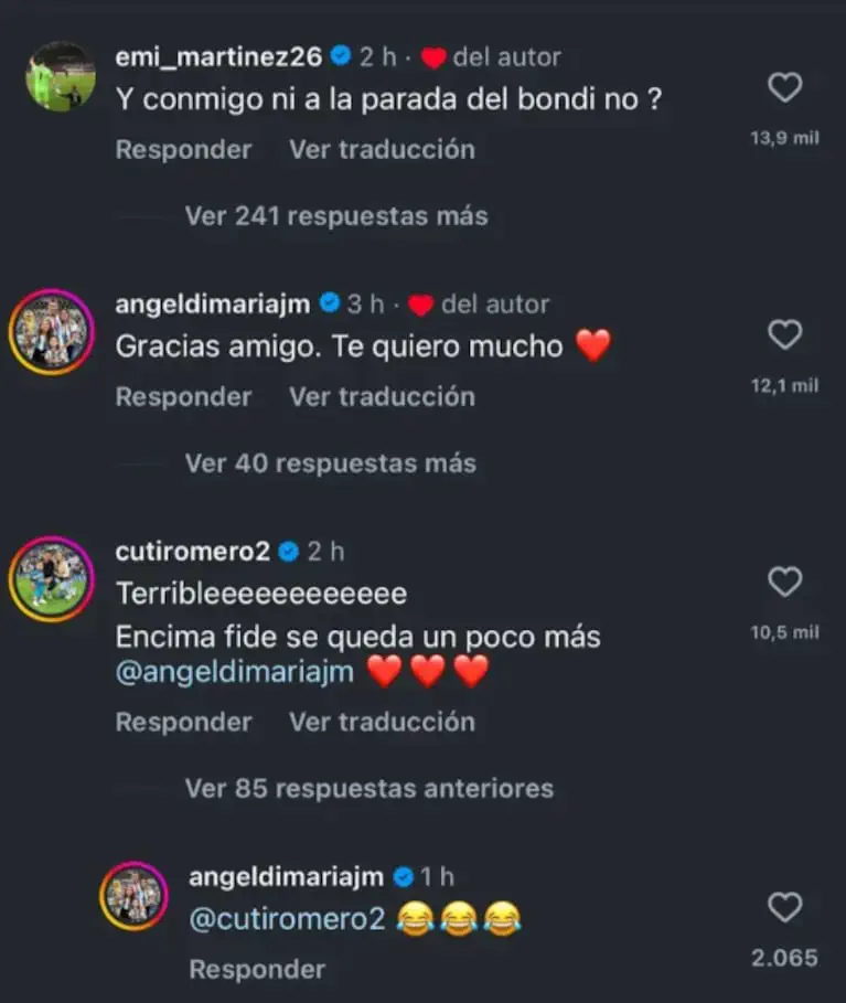 Una captura de pantalla de comentarios de Instagram con mensajes de cuentas verificadas sobre fondo oscuro.