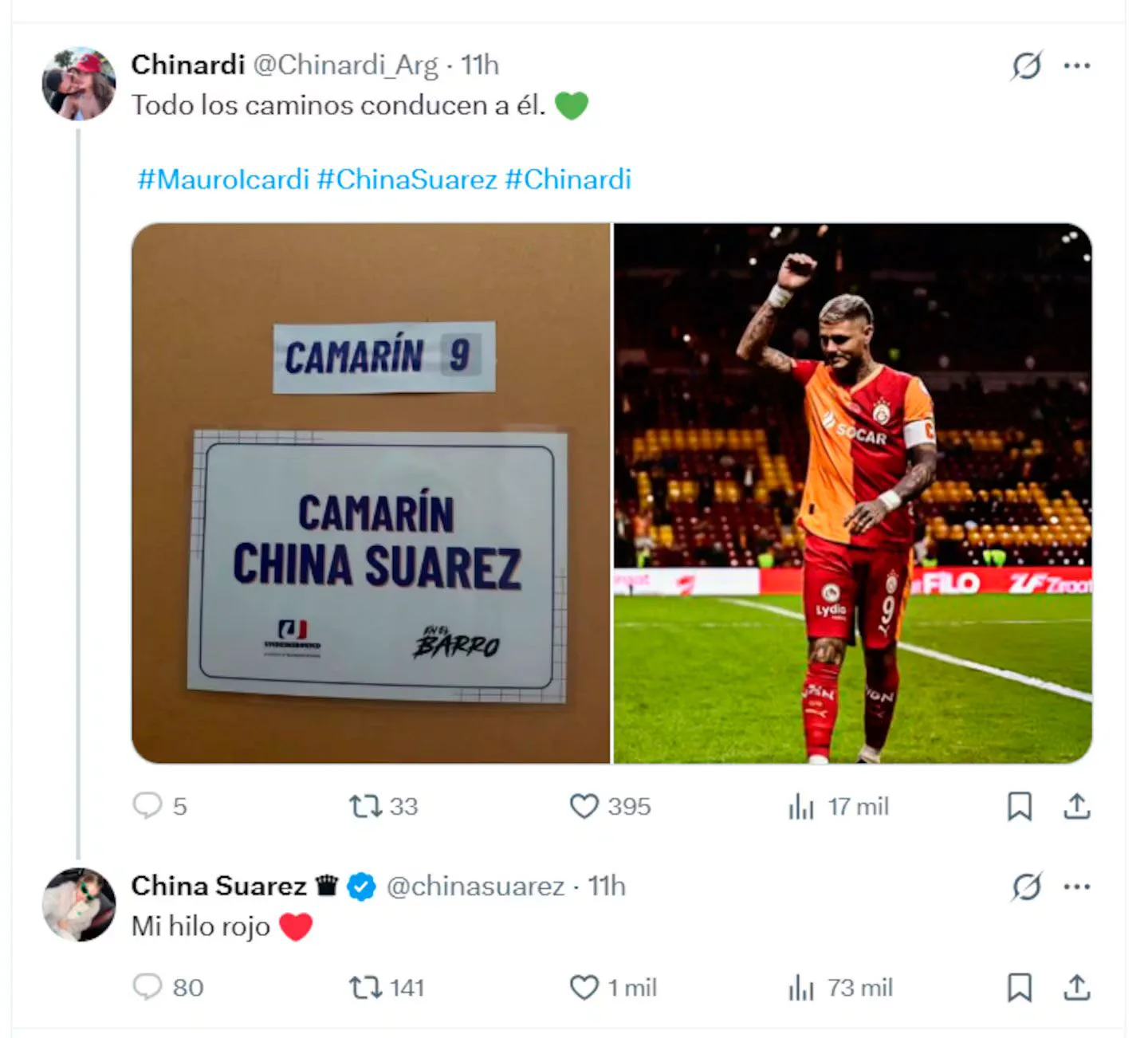 Captura de pantalla de publicaciones en la red social X con fotos del cartel de un camarín y del futbolista Mauro Icardi.