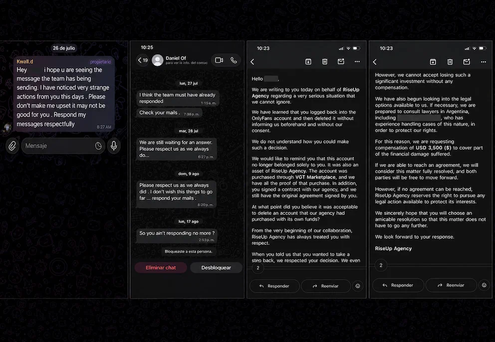 Capturas de pantalla de chats de mensajería y correos electrónicos en inglés sobre fondo oscuro.