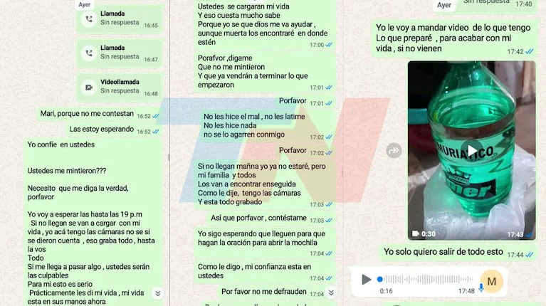 Captura de un chat de WhatsApp con mensajes, llamadas perdidas y un video de una botella verde.