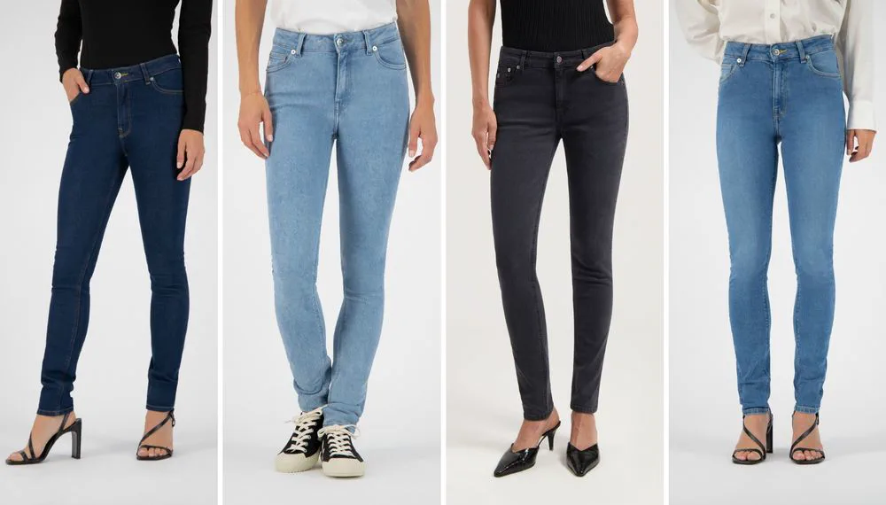 Cuatro mujeres muestran de la cintura para abajo distintos modelos de jeans sobre fondo blanco.