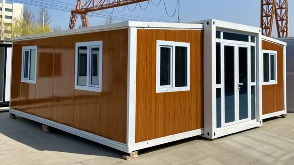 Una casa modular prefabricada con paneles simil madera y aberturas blancas sobre un playon.