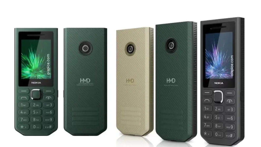 Cinco teléfonos celulares básicos de teclas alineados mostrando su frente y su dorso.