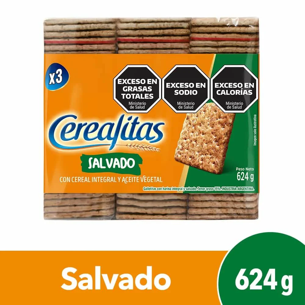 Un paquete de galletitas Cerealitas de salvado de 624 gramos con tres octógonos negros de advertencia nutricional.