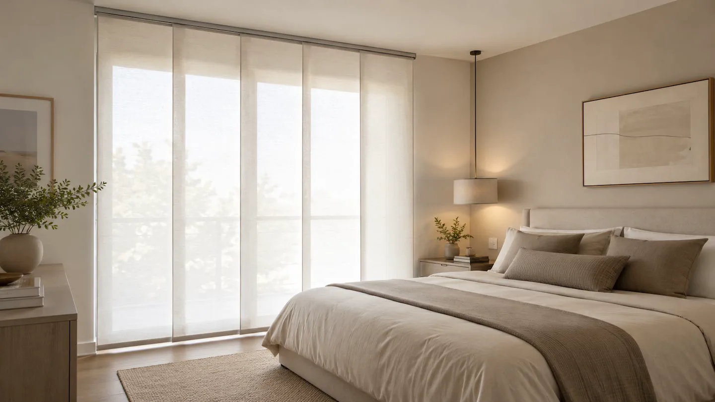 Un dormitorio luminoso con cama matrimonial vestida en tonos neutros y paneles corredizos translucidos.