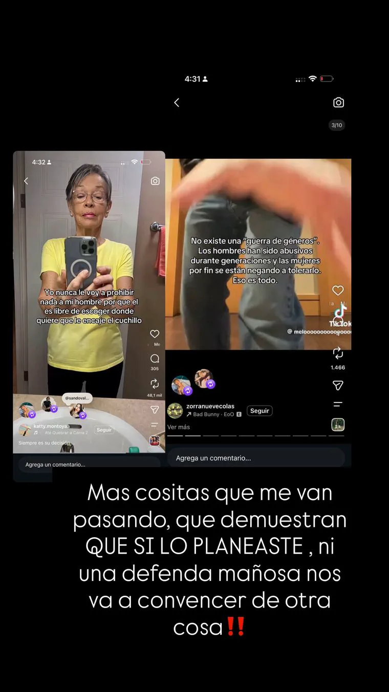 Captura de pantalla de historias con videos de redes sociales y un texto con letras blancas y rojas abajo.