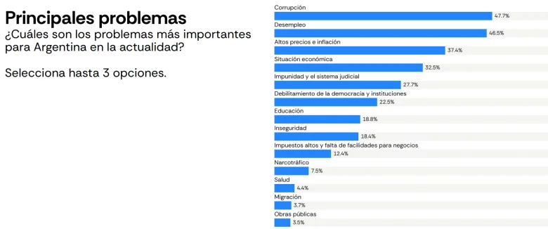 Gráfico de barras horizontales que enumera los principales problemas señalados en una encuesta de opinión en Argentina.