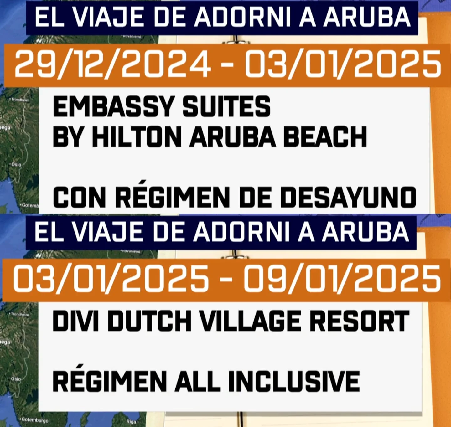 Placas informativas con fechas y nombres de hoteles en Aruba con regímenes de alojamiento.