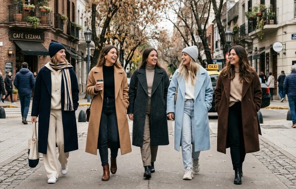 Cinco mujeres con tapados de invierno caminan sonrientes por una calle urbana.