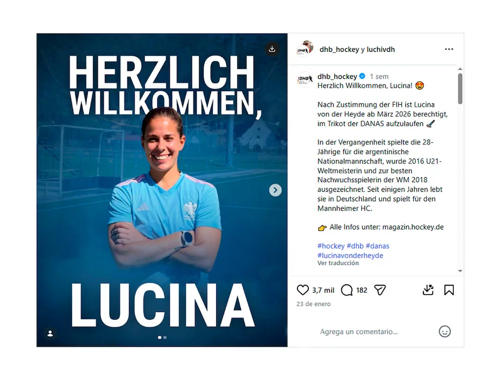 Publicación de redes sociales con Lucina von der Heyde sonriendo de brazos cruzados con camiseta celeste.