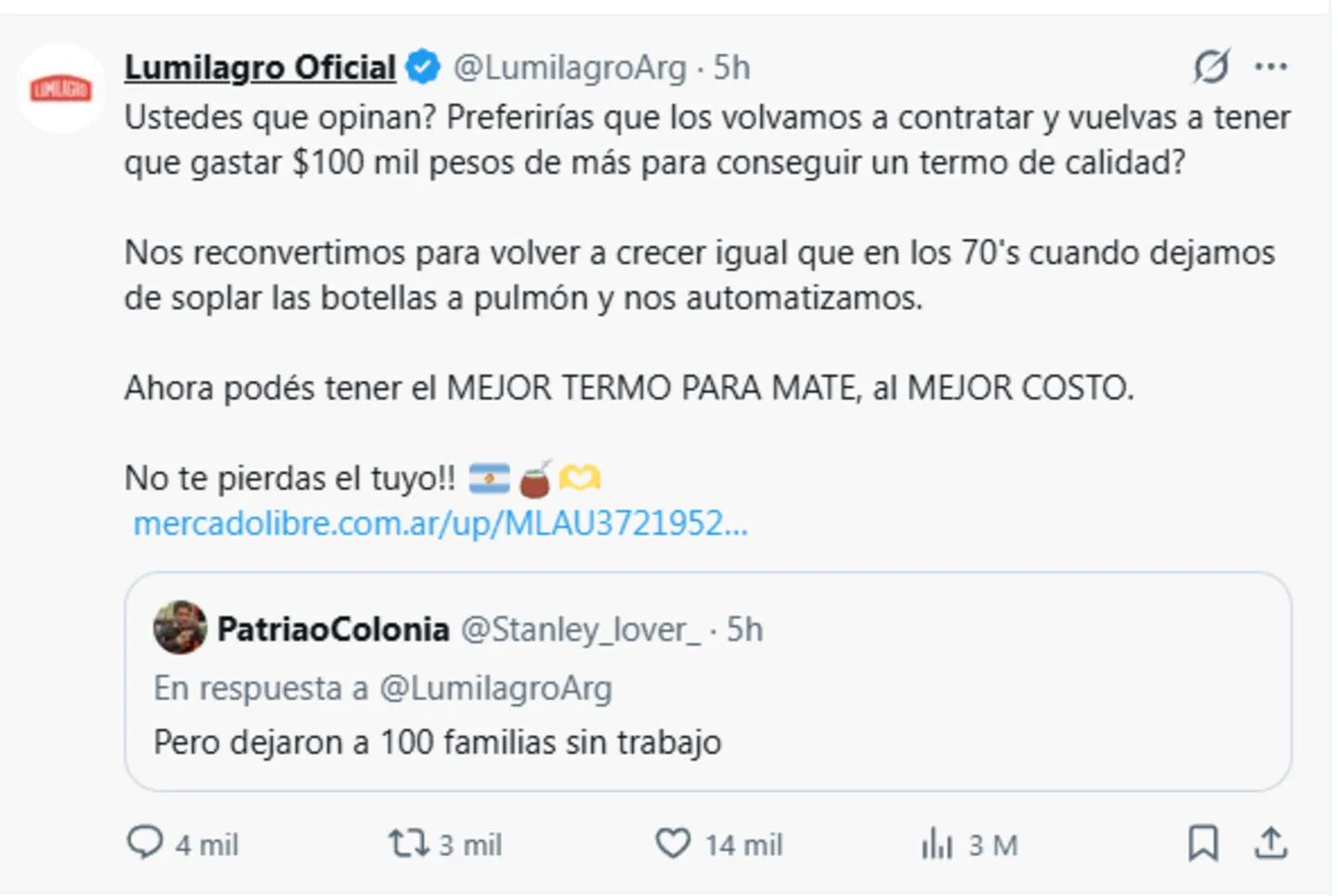 Captura de pantalla de una publicacion en la red social X de la cuenta Lumilagro Oficial respondiendo a otro usuario.