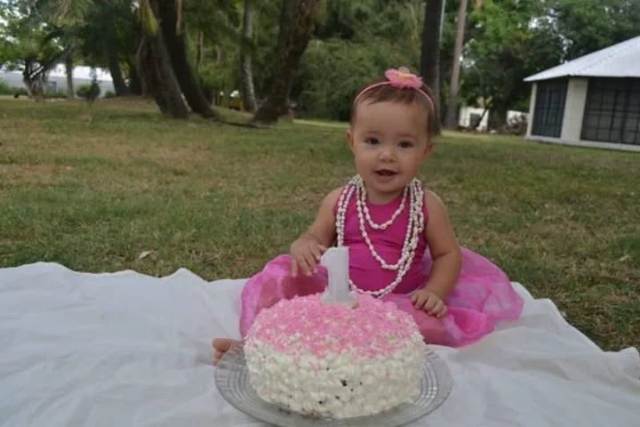 Una beba con vestido rosa y collar sentada en el pasto frente a una torta con una vela del numero uno.