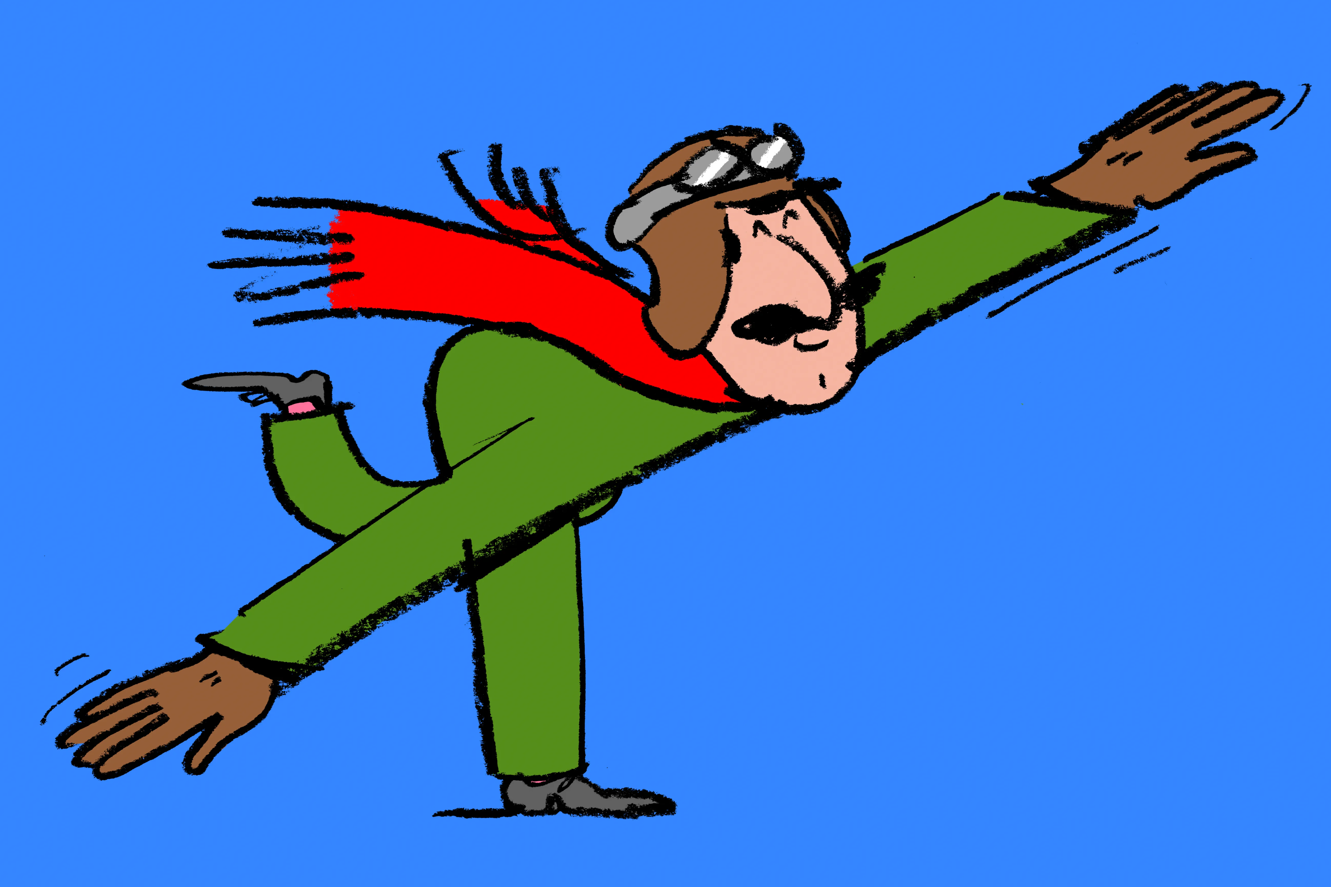 Dibujo de un hombre con gorro de aviador, antiparras y bufanda roja inclinando el cuerpo hacia adelante sobre fondo azul.