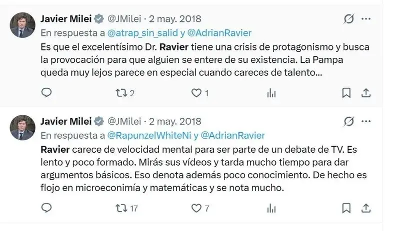Captura de pantalla con dos publicaciones de la cuenta de X de Javier Milei respondiendo a otros usuarios.