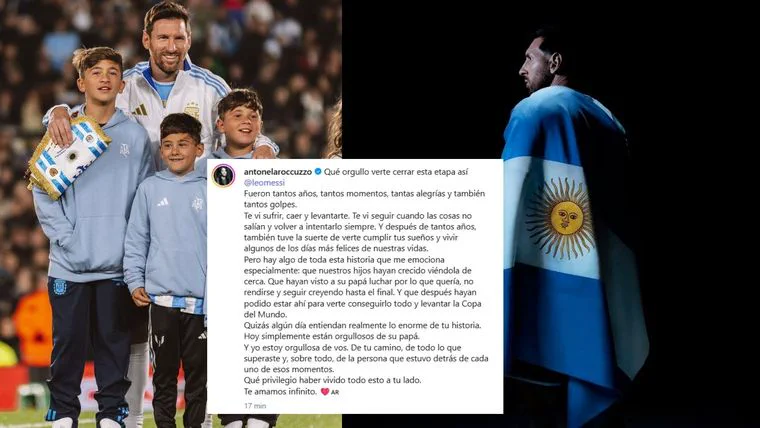Lionel Messi junto a sus tres hijos en una cancha y una publicacion con texto de Antonela Roccuzzo.