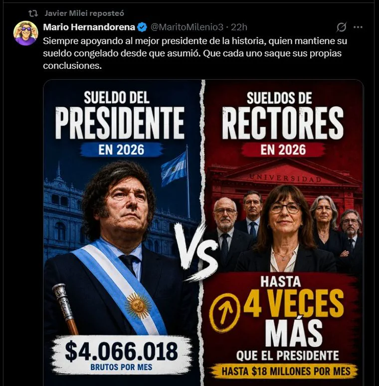 Javier Milei con banda presidencial aparece junto a rectores universitarios en un afiche comparativo de sueldos.