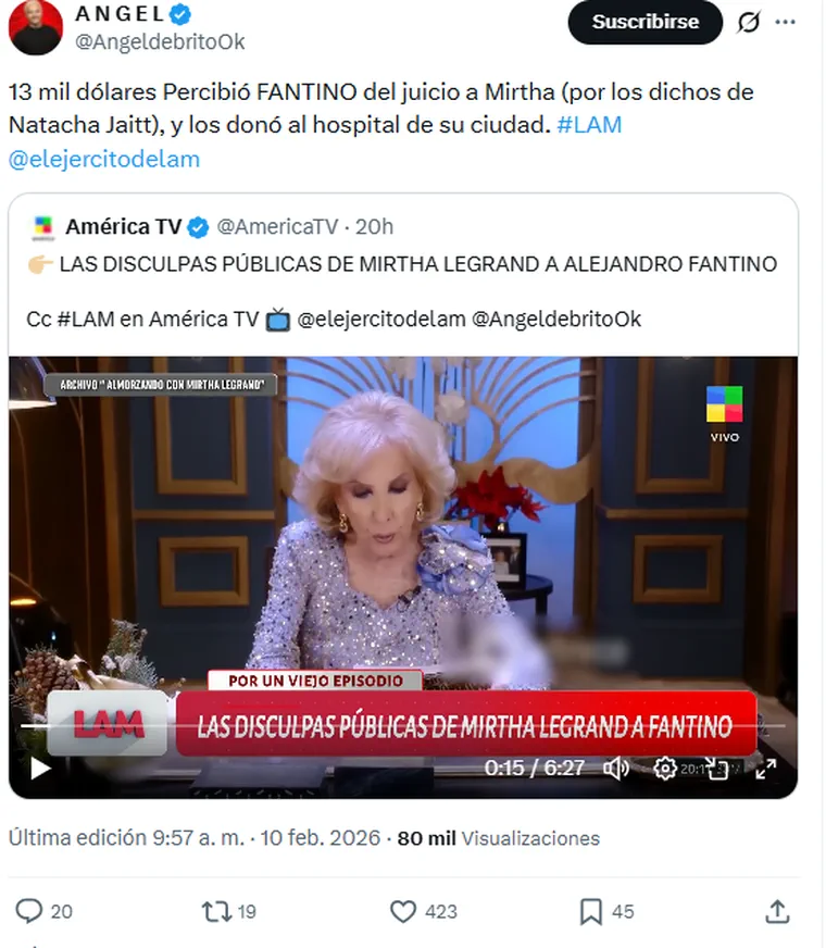 Captura de una publicacion de redes sociales con un video donde aparece Mirtha Legrand en su programa de television.
