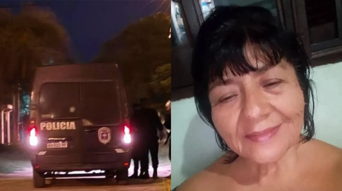 Composición que muestra la parte trasera de un móvil policial de noche a la izquierda y una mujer sonriendo a la derecha.
