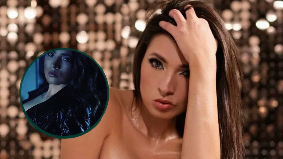 Una mujer de pelo oscuro se toma la cabeza junto a un recuadro circular con otro retrato suyo.