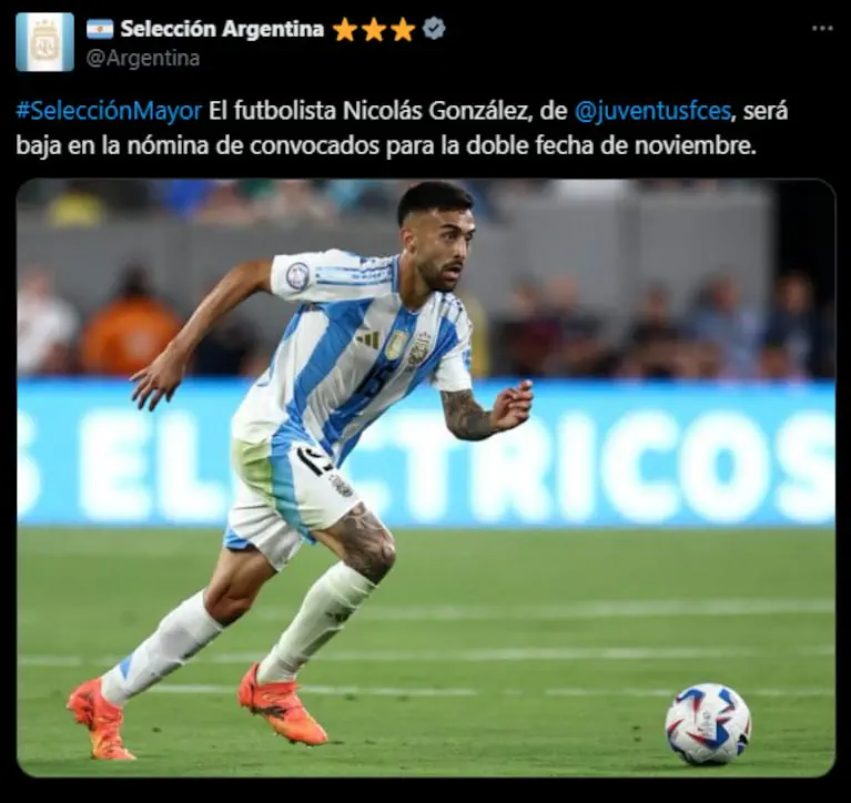 Captura de una publicacion en redes sociales con el futbolista Nicolas Gonzalez corriendo con la camiseta argentina.