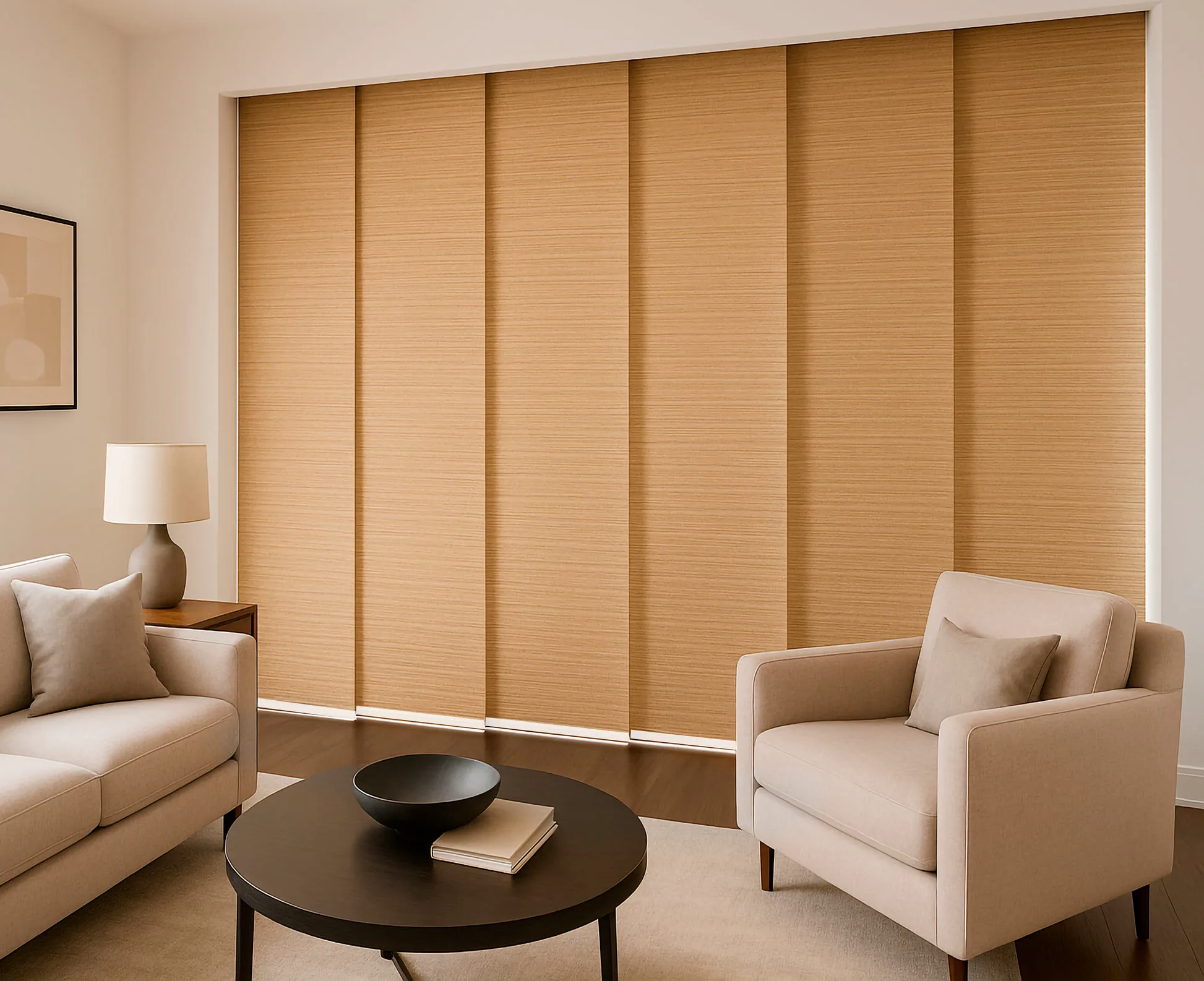 Un living con paneles japoneses corredizos de madera clara, dos sillones beige y una mesa ratona negra.