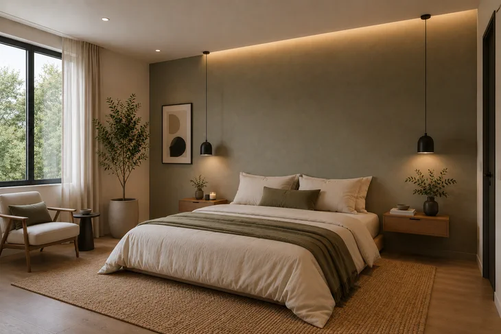 Dormitorio con cama matrimonial, pared verde oliva, lamparas colgantes negras y un sillon individual al costado.