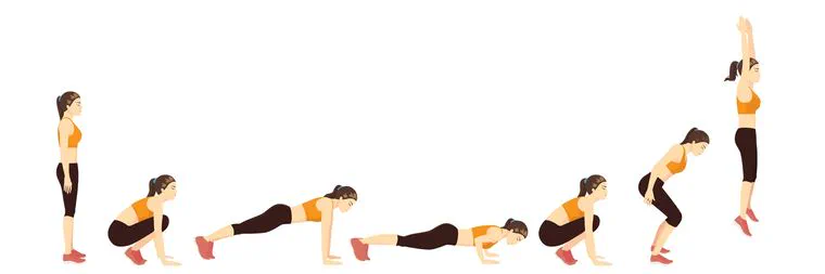 Una ilustración secuencial que muestra a una mujer realizando el paso a paso de un ejercicio de burpees sobre fondo blanco.
