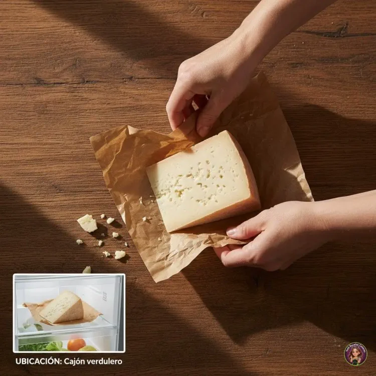 Dos manos envolviendo una cuna de queso en papel madera sobre una mesa, con un recuadro de una heladera abajo.