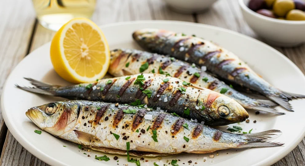 Cuatro pescados asados servidos en un plato blanco con medio limon y hierbas.