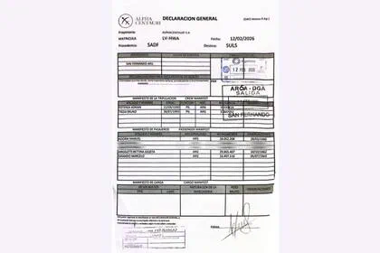 Planilla de declaracion general de vuelo de la empresa Alpha Centauri con sello de salida de ARCA en San Fernando.