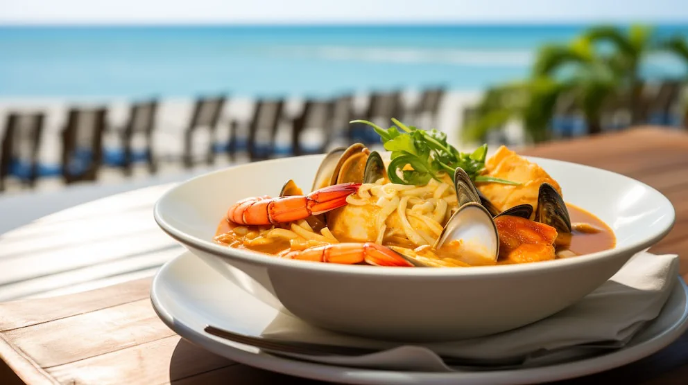 Plato hondo con sopa de mariscos, langostinos y almejas frente a una playa soleada.