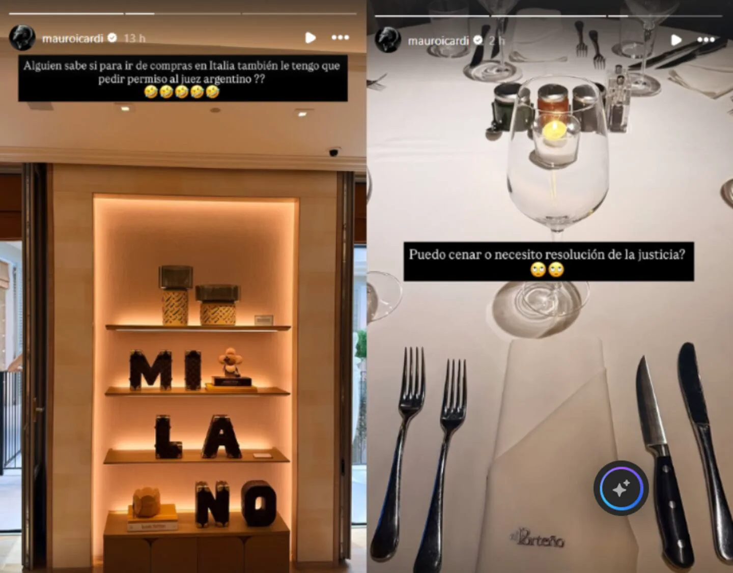 Collage con una estantería decorativa con la palabra Milano y una mesa servida con copas y cubiertos.