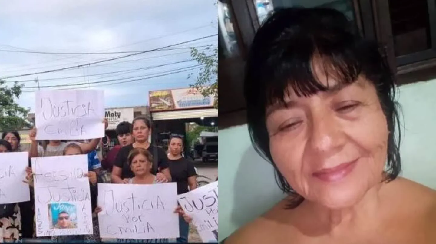 Composición con un grupo de personas sosteniendo carteles de reclamo a la izquierda y el rostro de una mujer a la derecha.