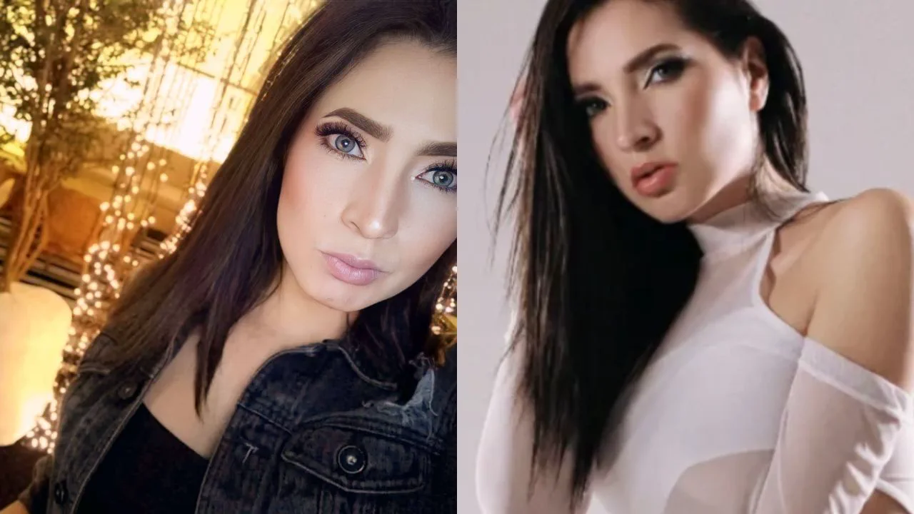 Una mujer joven de pelo castaño y ojos claros posa en dos retratos colocados uno al lado del otro.