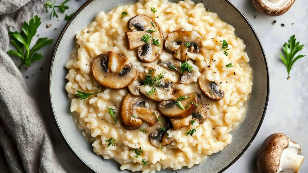 Plato de risotto con champiñones salteados y perejil picado espolvoreado por encima.