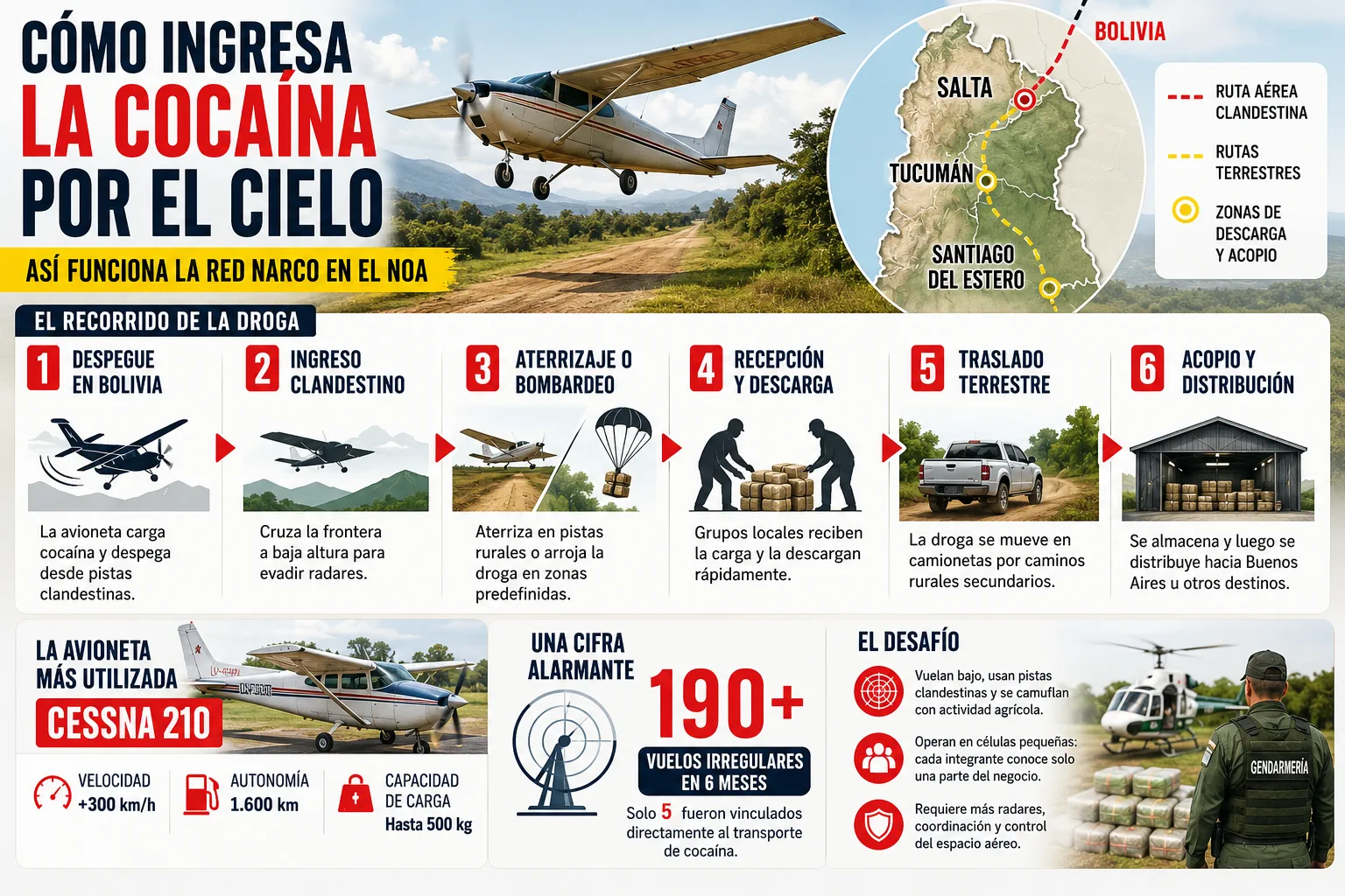 Infografía que explica con esquemas, mapas y gráficos el ingreso y las rutas del narcotráfico aéreo en el NOA.