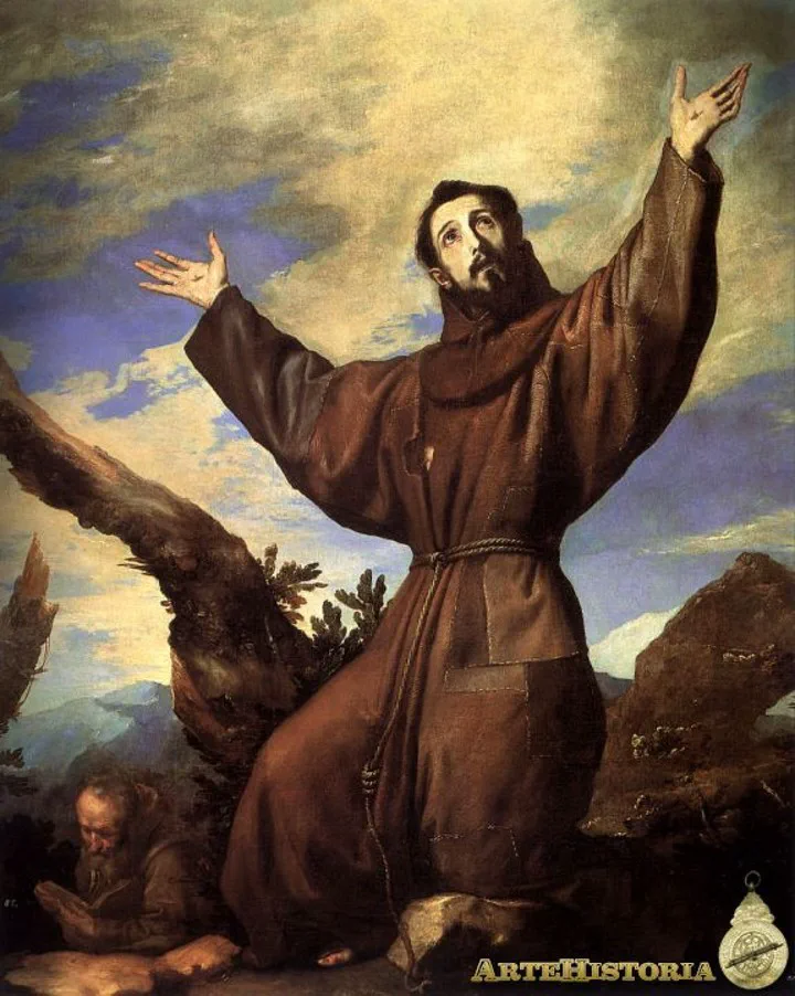 Una pintura que representa a San Francisco de Asís arrodillado con los brazos en alto en un entorno natural.
