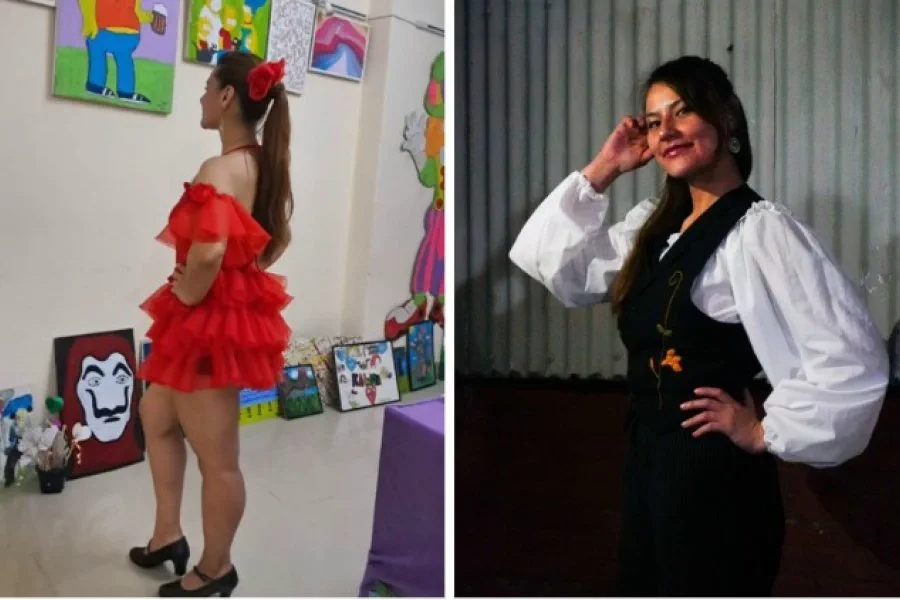 Composicion con dos tomas de una mujer morocha posando con diferentes atuendos.