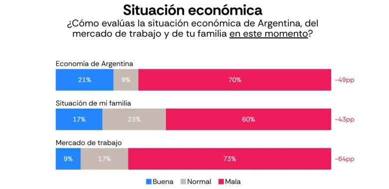 Gráfico de barras apiladas sobre la evaluación de la situación económica argentina, familiar y del mercado laboral.