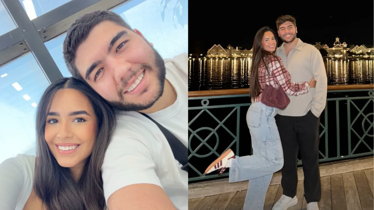 Dos fotos donde se ve a una pareja sonriendo en primer plano y abrazados de noche junto a una baranda frente al agua.